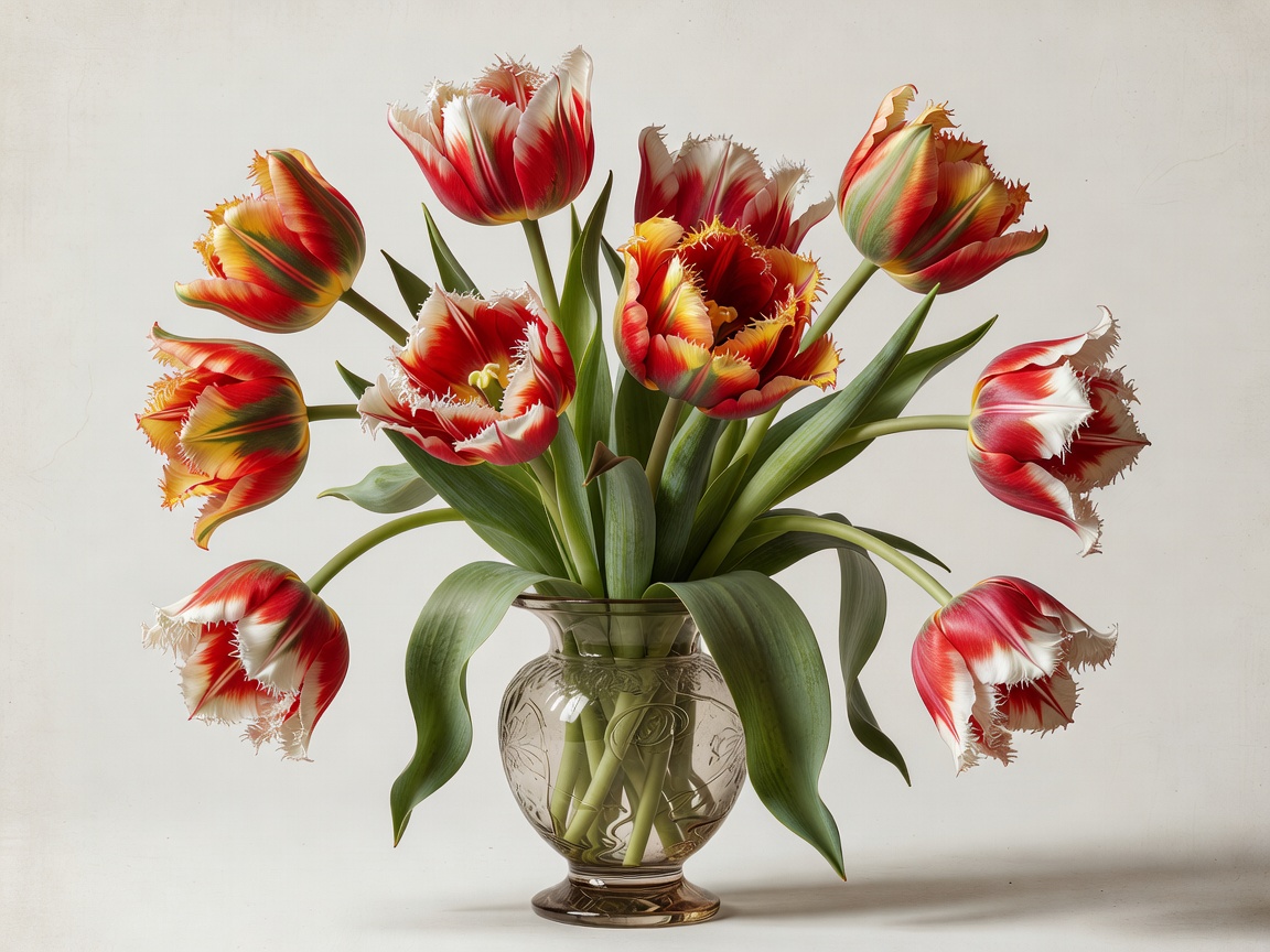 Botanical study of multicolored Dutch parrot and fringed Rembrandt tulips in vintage glass vessel