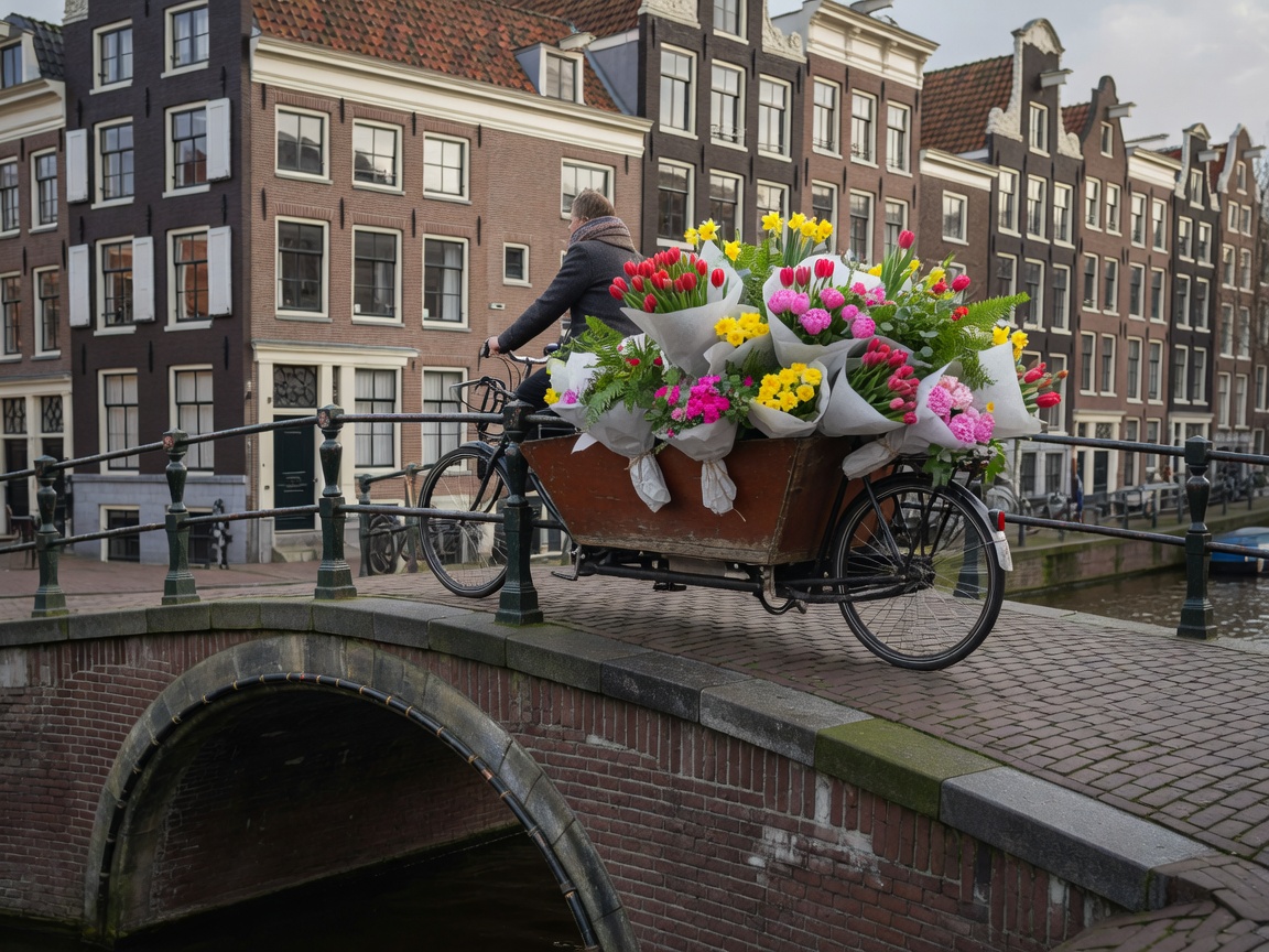 Dutch cargo bicycle loaded with wrapped fresh flower bouquets crossing a historic bridge in Amsterdam