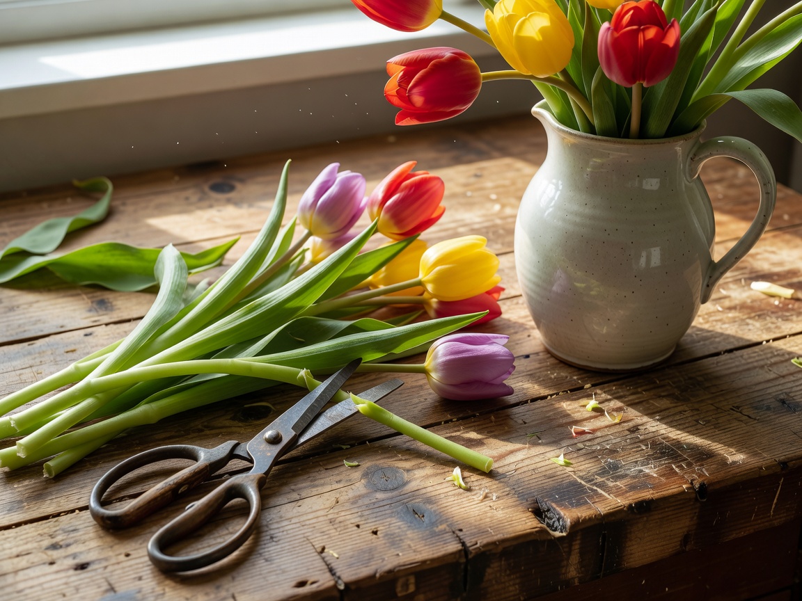 Floral scissors trimming tulip stems diagonally beside a ceramic pitcher on a wooden workbench