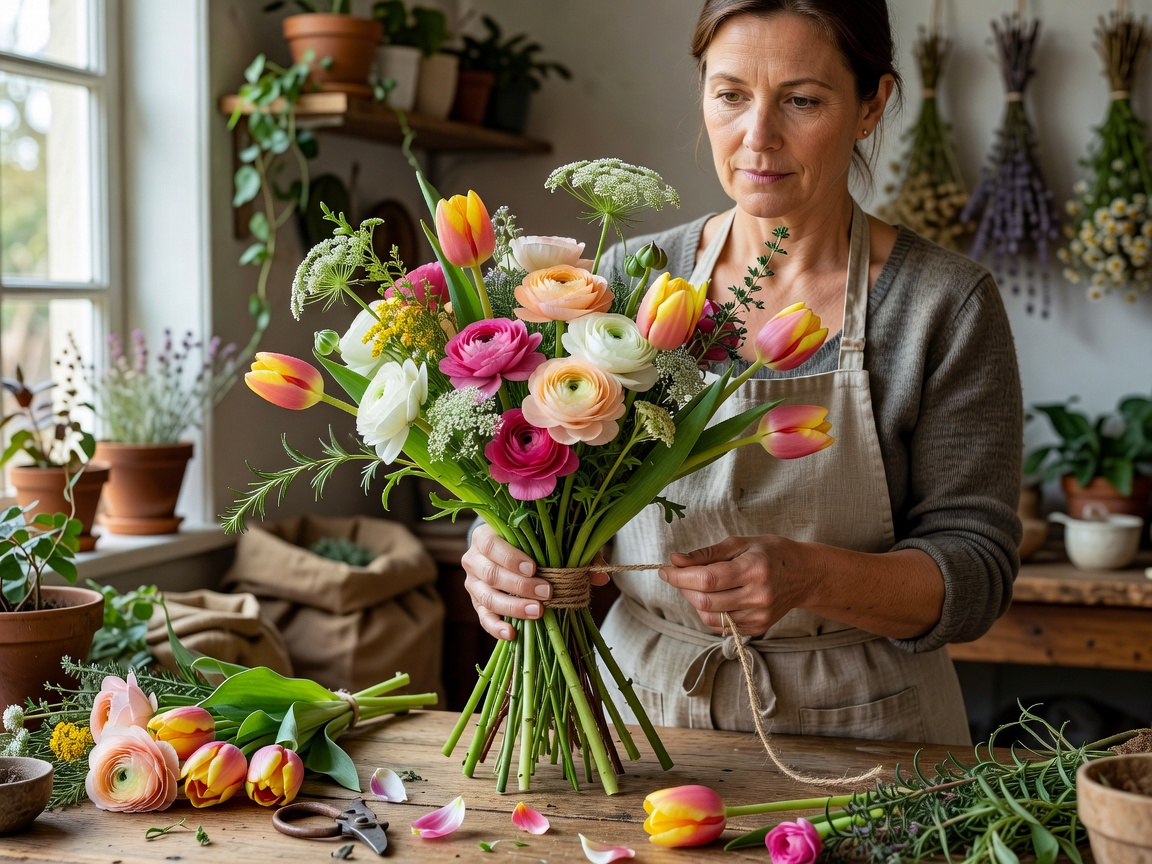 Florist hand-tying a seasonal Dutch bouquet with ranunculus, tulips and wild herbs in a rustic studio