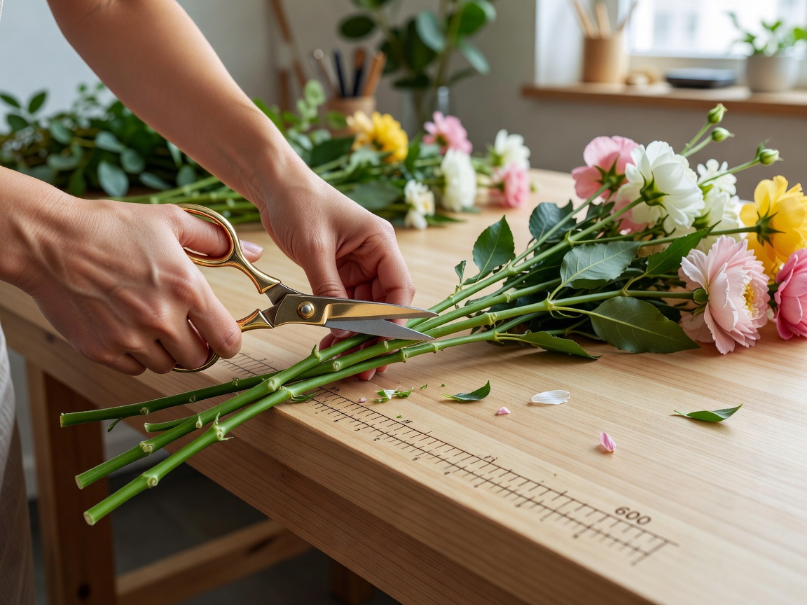 Florist using sharp brass shears to trim flower stems at an angle on a clean wooden work table with measuring scale