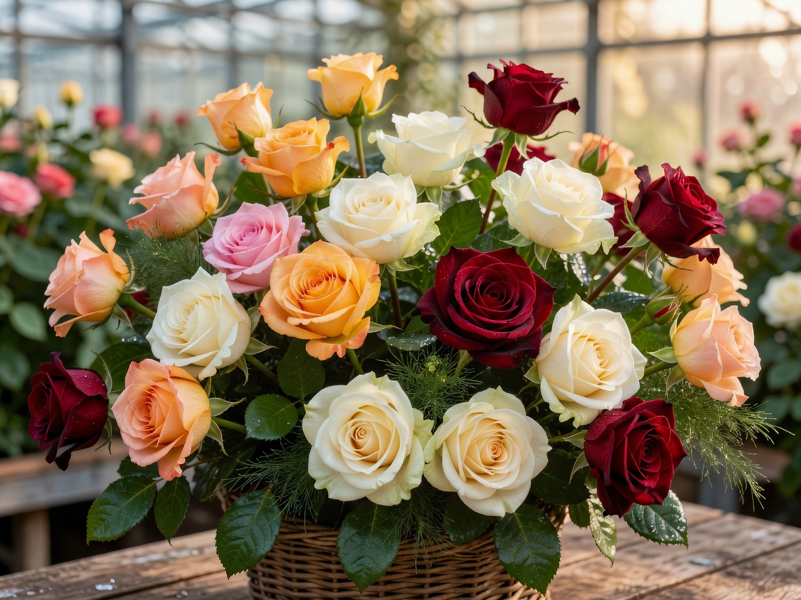 Fresh Dutch greenhouse roses in warm peach, ivory and velvety burgundy cut with natural foliage