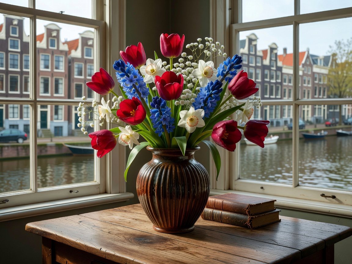 Lavish Dutch canal bouquet in heavy ribbed ceramic vase set on an oak table near tall Amsterdam sash windows