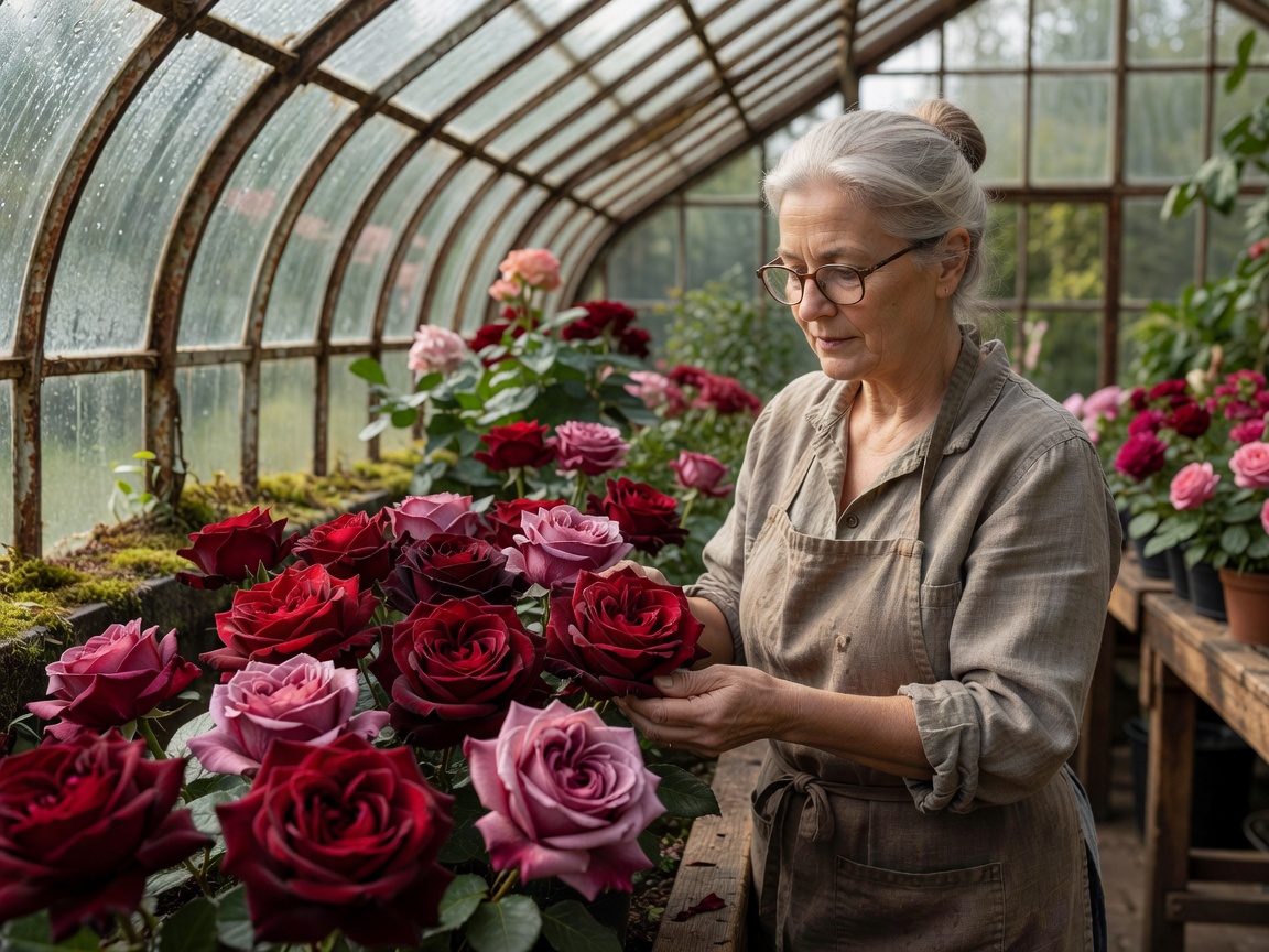 Master florist inspecting velvet garden roses with deep spiral petal formations inside an Amsterdam greenhouse