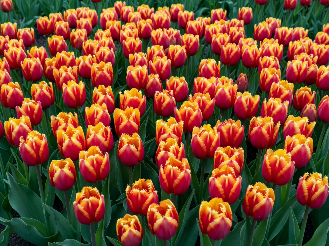 Rare Dutch parrot tulips with fringed bi-color petals in deep crimson and canary gold