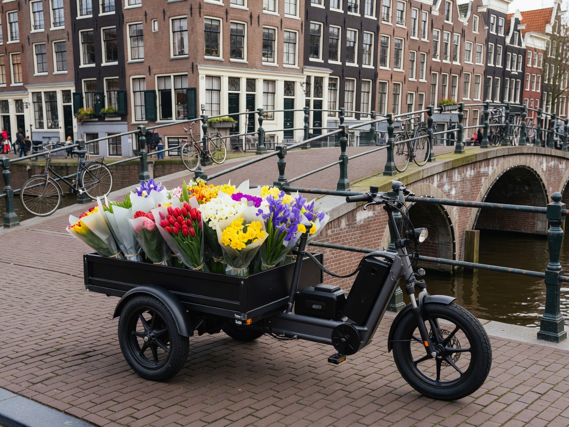 Specialized electric cargo trike loaded with packaged flowers parked on a picturesque brick canal bridge in Amsterdam