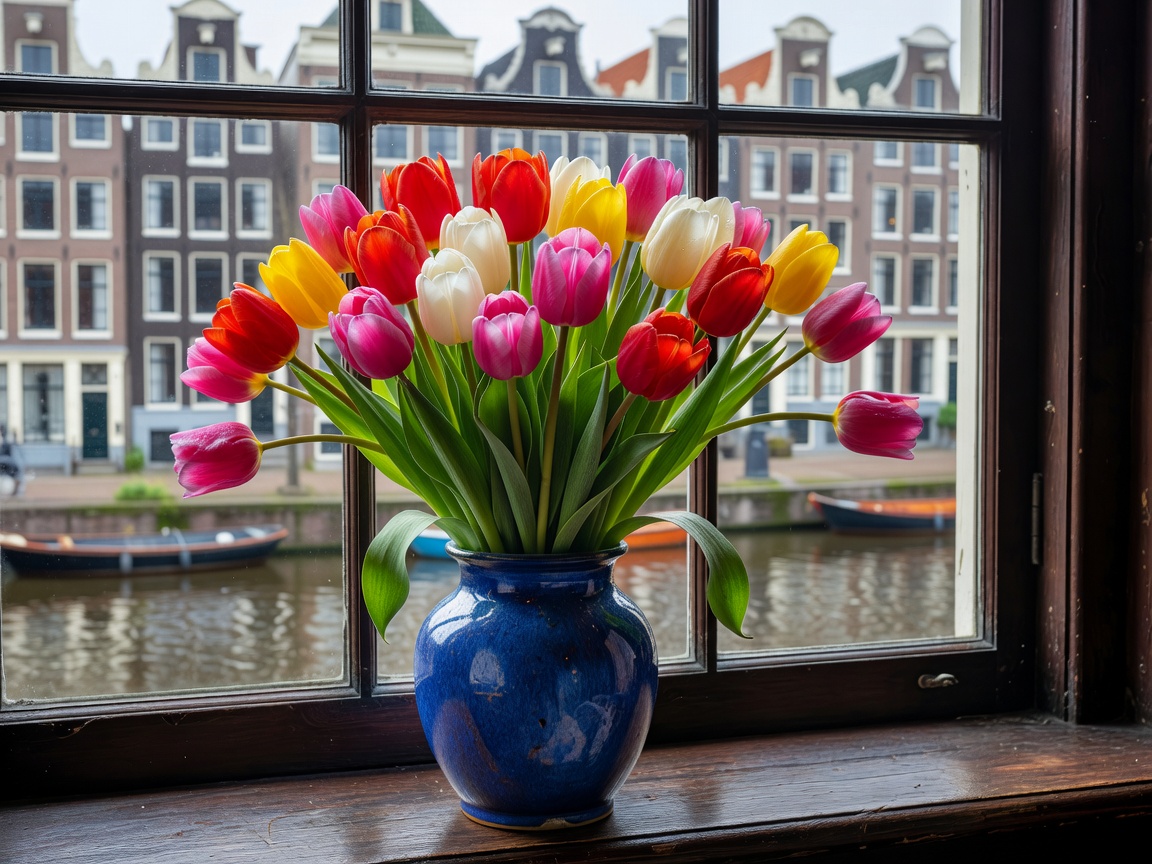 Vibrant freshly cut Dutch tulips arranged in ceramic vase against an Amsterdam canal house window